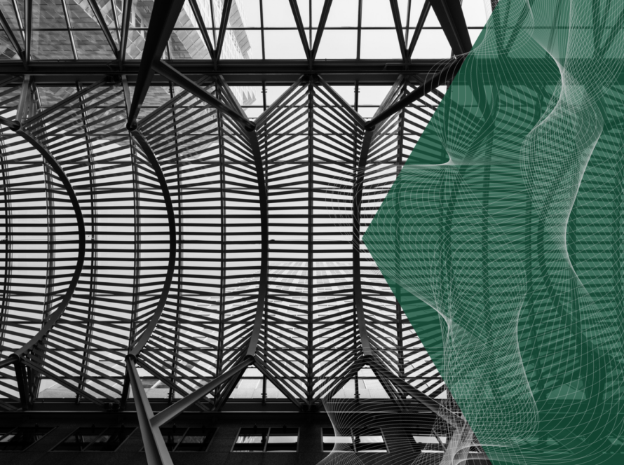 Interior of Brookfield Place (formerly BCE Place), looking up at glass ceiling. Modern architecture in financial district, Toronto, Canada